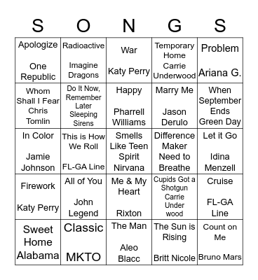 6th Grade Favorite Bingo Card