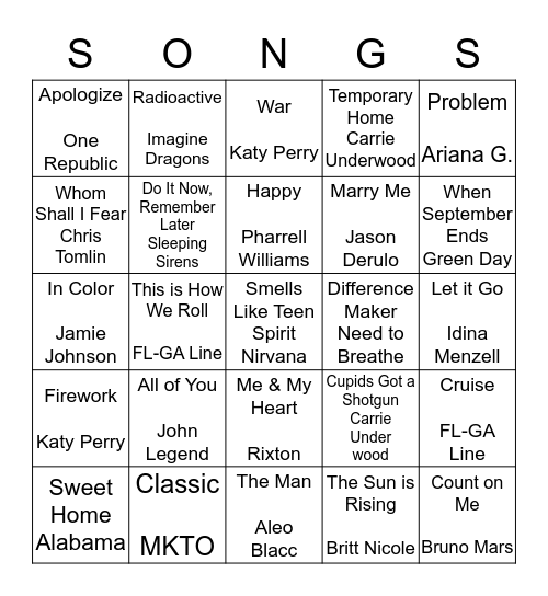 6th Grade Favorite Bingo Card