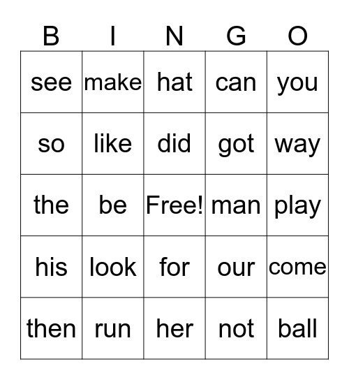 Level D Bingo Card