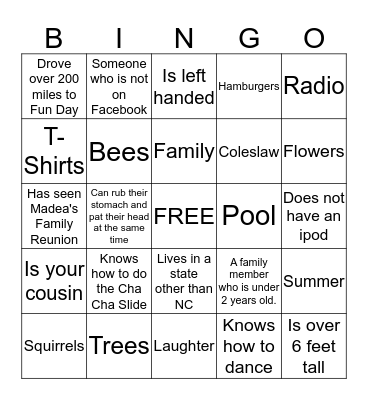 Hines Family Fun Day BINGO Card