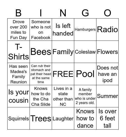 Hines Family Fun Day BINGO Card