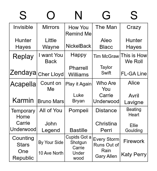 7th Grade Favorite Bingo Card