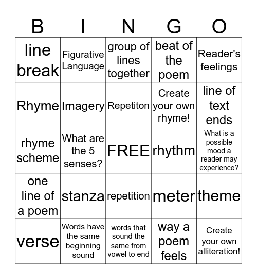 Elements of Poetry Bingo Card