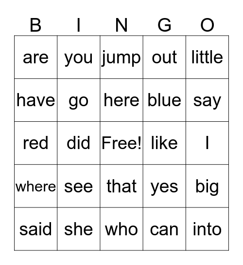 Sight Word Bingo Card