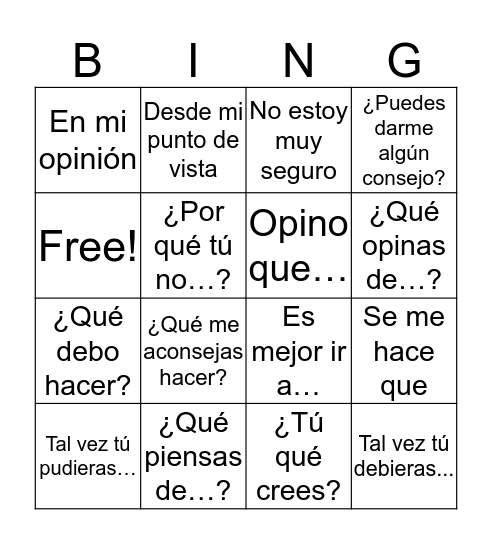 Spanish Phrases Bingo Card