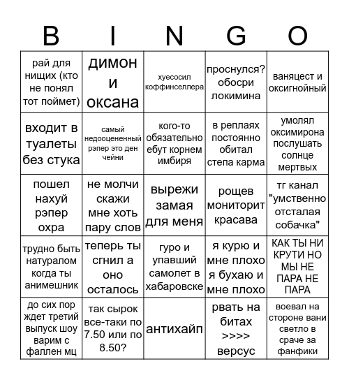 рурэп фандом образца 2017 года выпуска Bingo Card