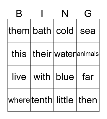 Sea Animals Lesson 11 Bingo Card