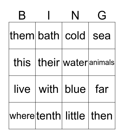 Sea Animals Lesson 11 Bingo Card