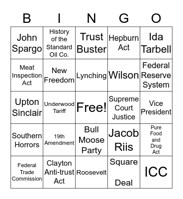 Progressive Era Bingo Card