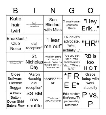 A Day in Row 2 Bingo Card