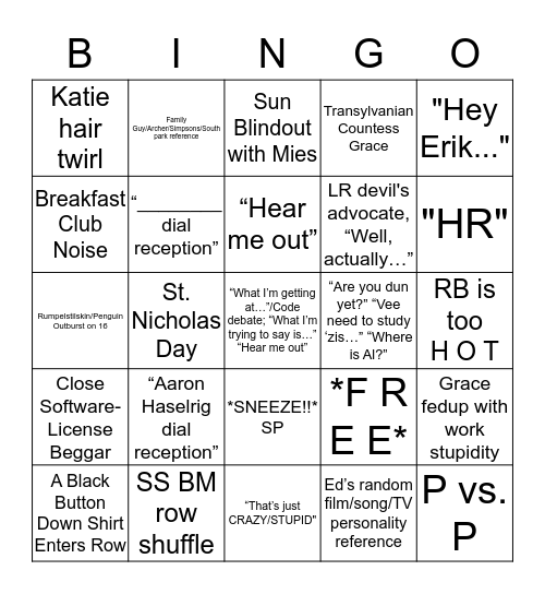 A Day in Row 2 Bingo Card