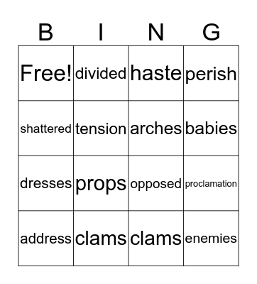 vocabulary  Bingo Card