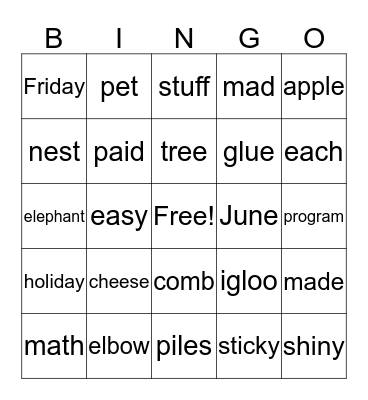 Long & Short Vowel sounds Bingo Card