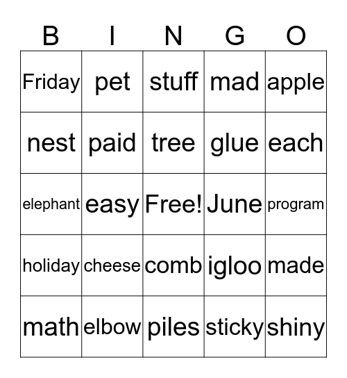 Long & Short Vowel sounds Bingo Card