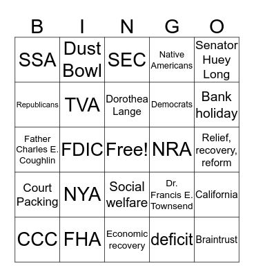 New Deal Bingo Card