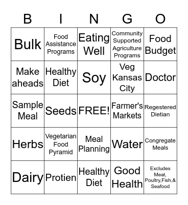 Lacto-Ovo Vegetarian  Bingo Card