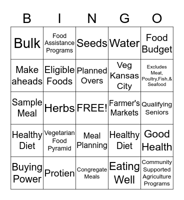 Lacto-Ovo Vegetarian  Bingo Card