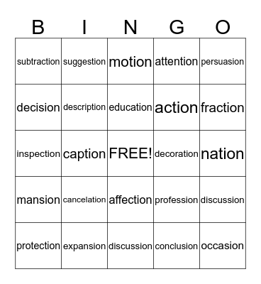 tion/sion words Bingo Card