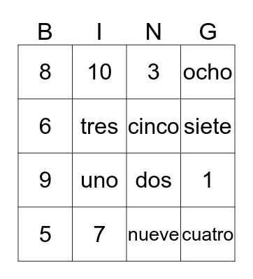 Los Números Bingo Card