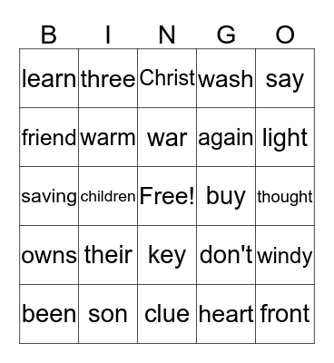 High Frequency Words Bingo Card