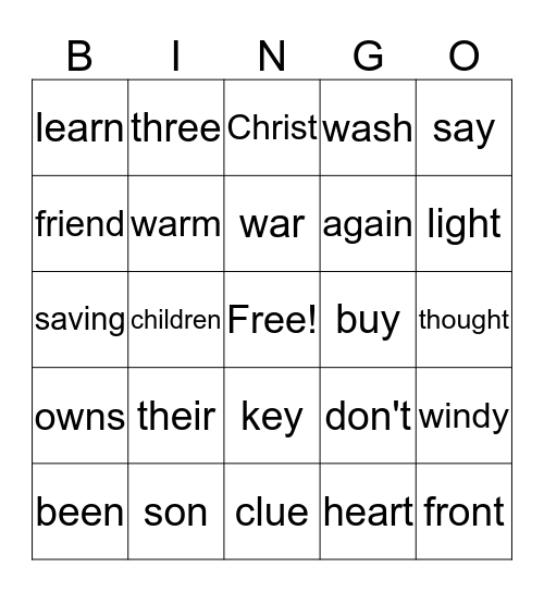 High Frequency Words Bingo Card