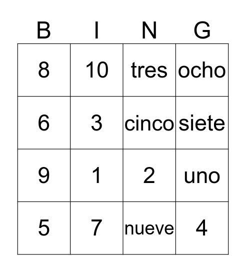 Los Números Bingo Card