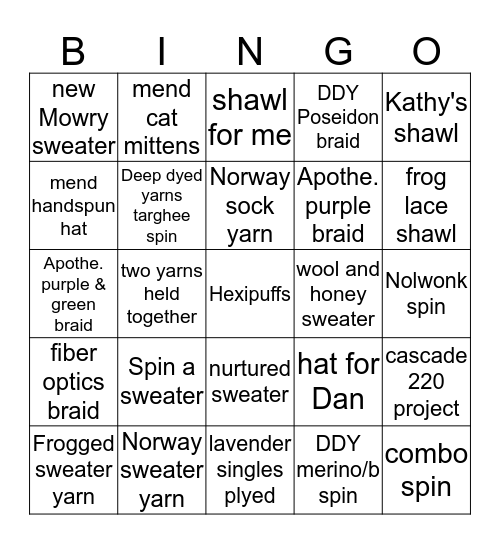 2020 Fiber Fun Bingo Card