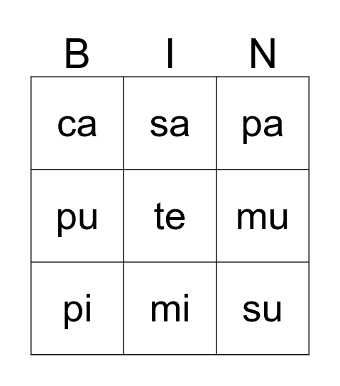 silabas Bingo Card