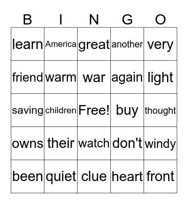 High Frequency Words Bingo Card