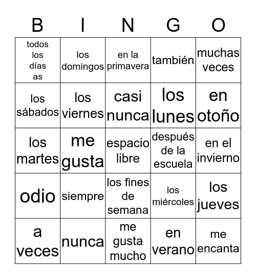 spanish time expressions Bingo Card