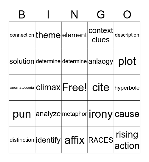 Academic Vocabulary Bingo Card