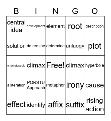 Academic Vocabulary Bingo Card