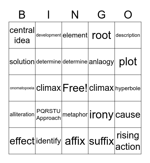 Academic Vocabulary Bingo Card