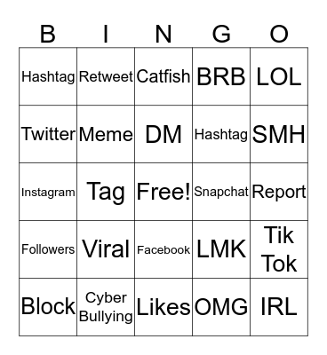 Social Media  Bingo Card