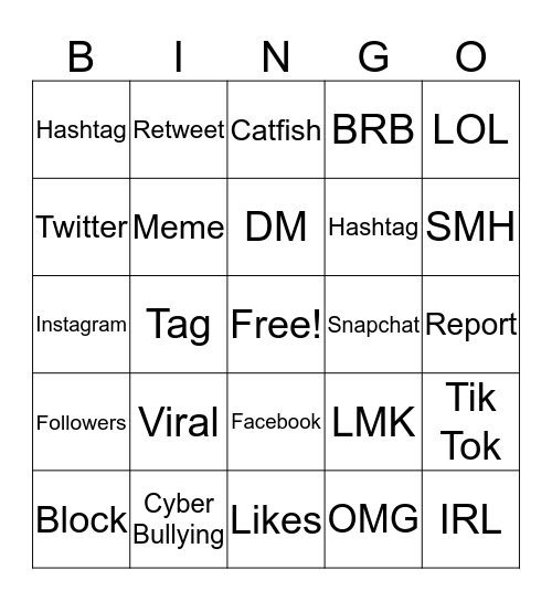 Social Media  Bingo Card