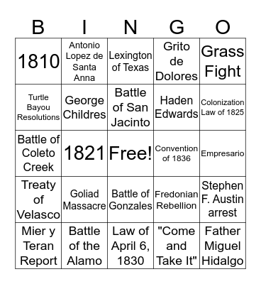 Texas Revolution Bingo Card