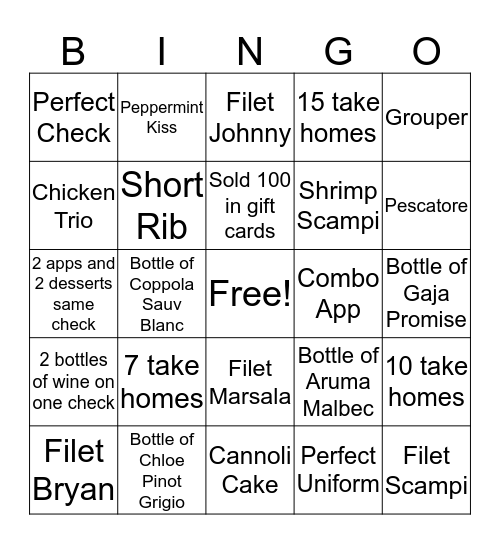 Carrabba's Bingo Card