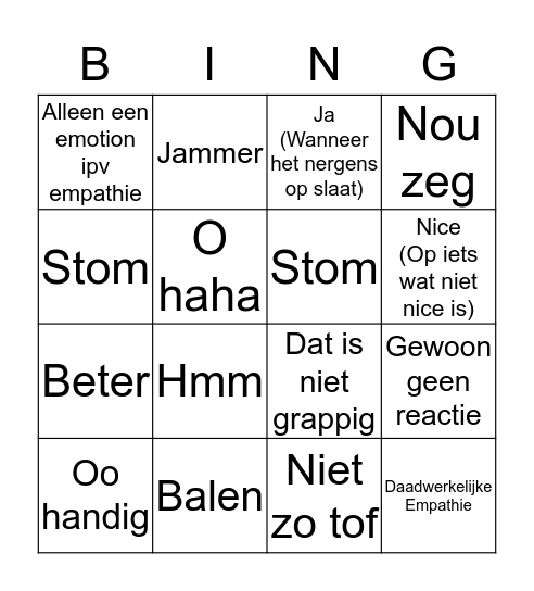 Reacties Bingo Card