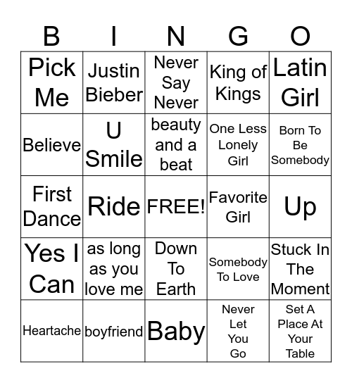 Justin Bieber BINGO Card