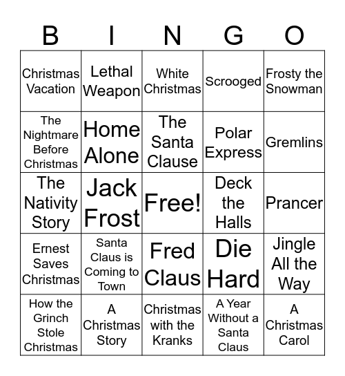 Holiday Movie  Bingo Card
