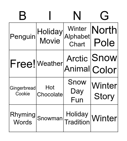 Winter Writing Bingo Card