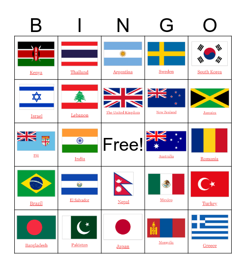 World Flags Bingo Card