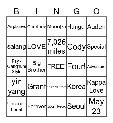 WELCOME GRANT!  Bingo Card