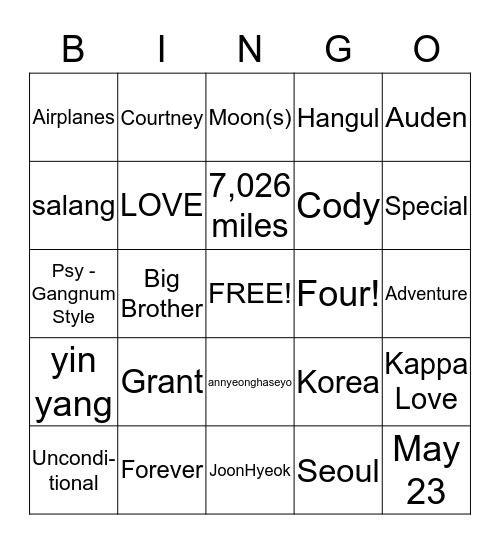 WELCOME GRANT!  Bingo Card