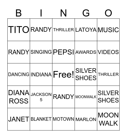 MICHAEL JACKSON BINGO Card
