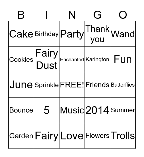Karington Fairy Bingo Card