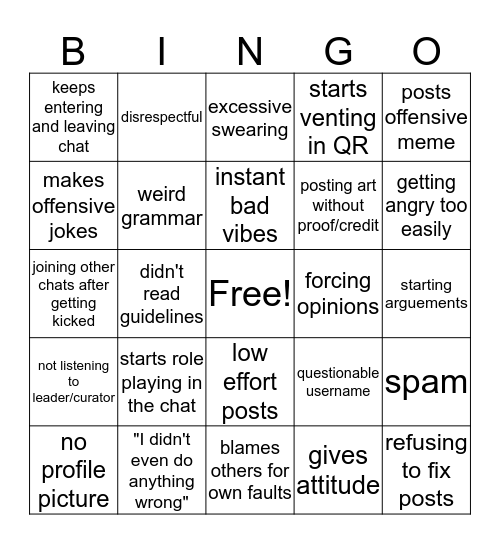 DQA Bingo: Bad User >:(  Bingo Card