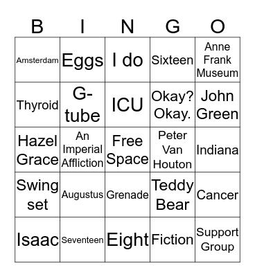 The Fault In Our Stars Bingo Card