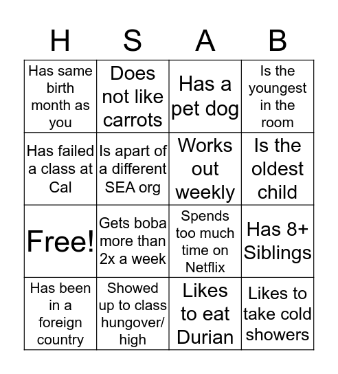 HSABmas 2019 Bingo Card