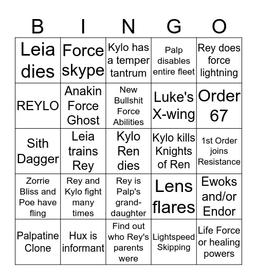 The Rise of Skywalker Predictability Game! Bingo Card